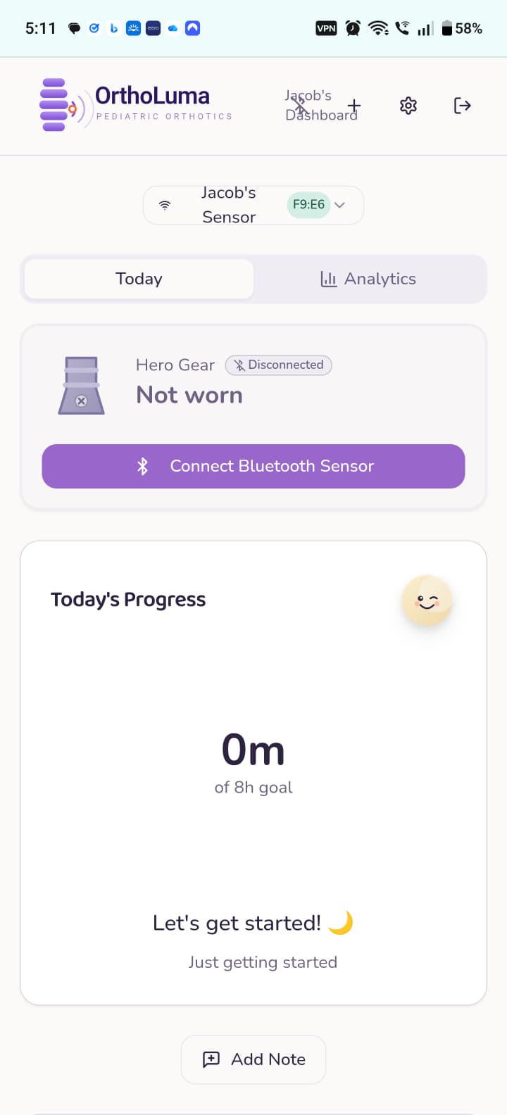 OrthoLuma patient app - Jacob's today view with sensor connection